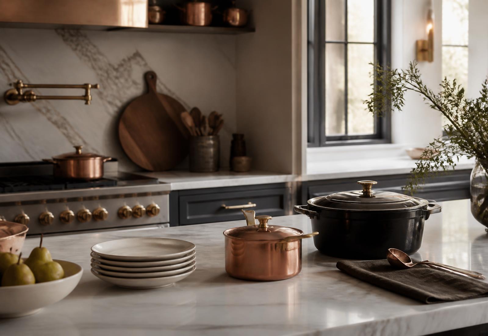 Warm luxury kitchen with copper cookware on a marble counter